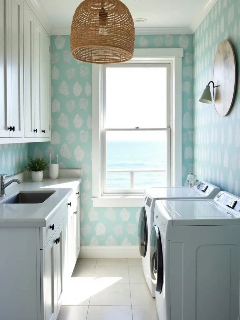 Beach themed laundry room featuring light blue seashell wallpaper and white cabinetry