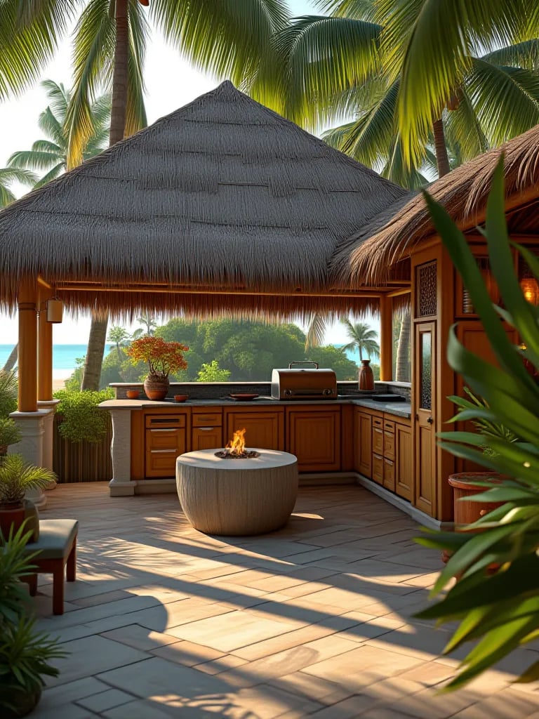 Beachfront outdoor kitchen with bamboo cabinets and stone fire pit at dawn