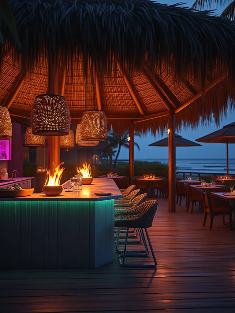 Beachfront view of thatched roof outdoor kitchen with festive lighting