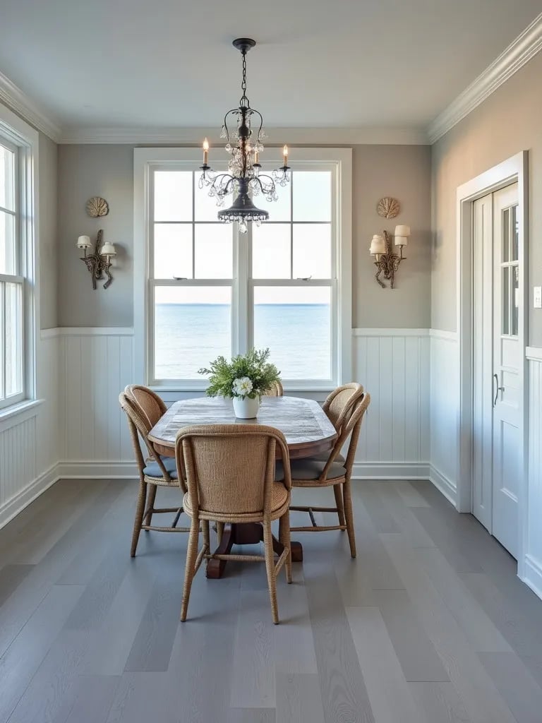 Beachy dining area with light gray vinyl floors and wainscoting