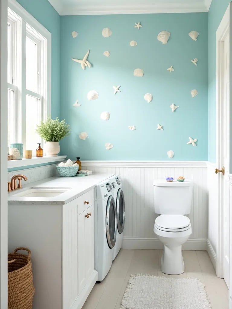 Beachy laundry room featuring blue seashell wallpaper and coastal inspired decor