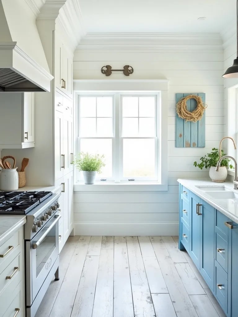 Beachy white kitchen featuring whitewashed wood floors and blue details