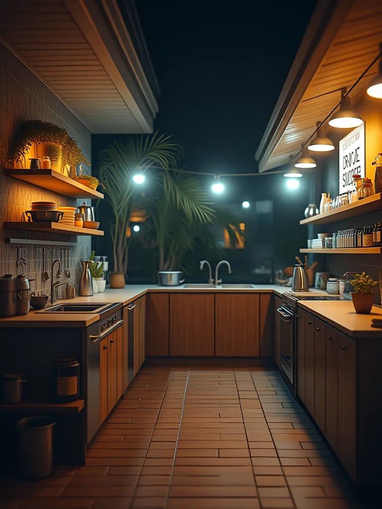 Beautifully lit outdoor kitchen at night showcasing clean, organized space