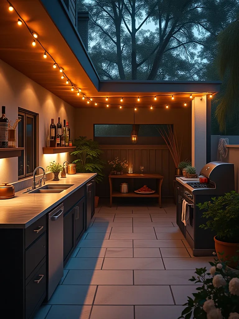 Beautifully lit outdoor kitchen patio at dusk
