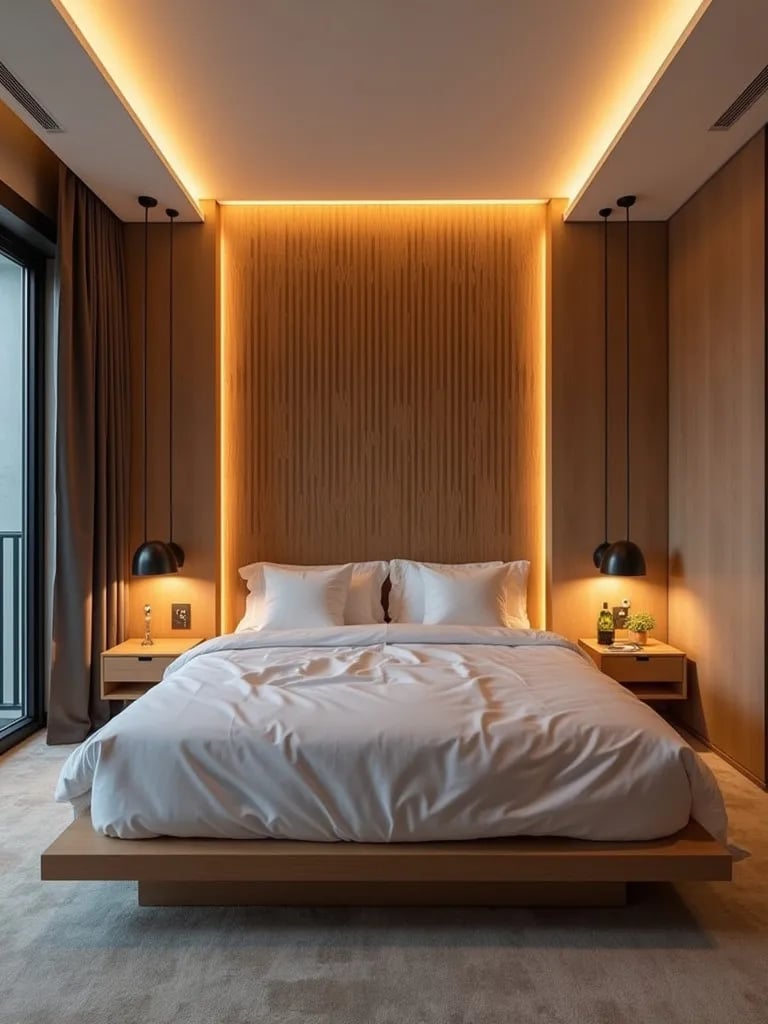 Bedroom featuring illuminated geometric wooden accent wall