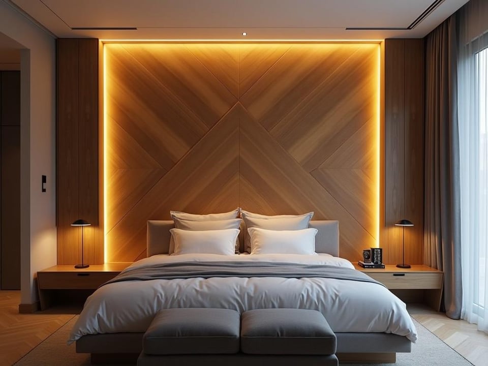 Bedroom featuring wooden geometric wall pattern with LED backlighting
