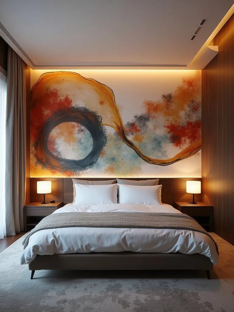 Bedroom view of striking accent wall with oversized abstract decals