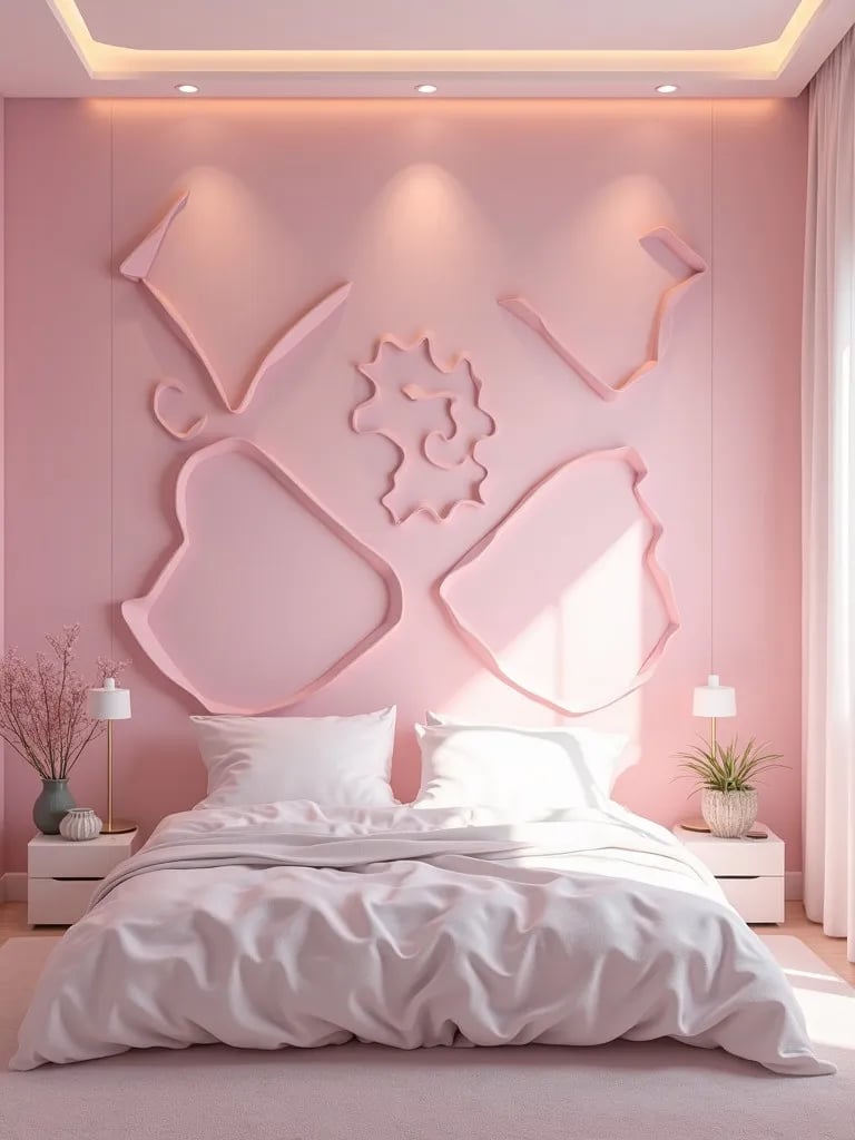 Bedroom with 3D geometric wall panels in pastel colors and LED lighting