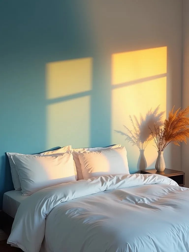 Bedroom with blue to white ombre painted wall in golden hour light