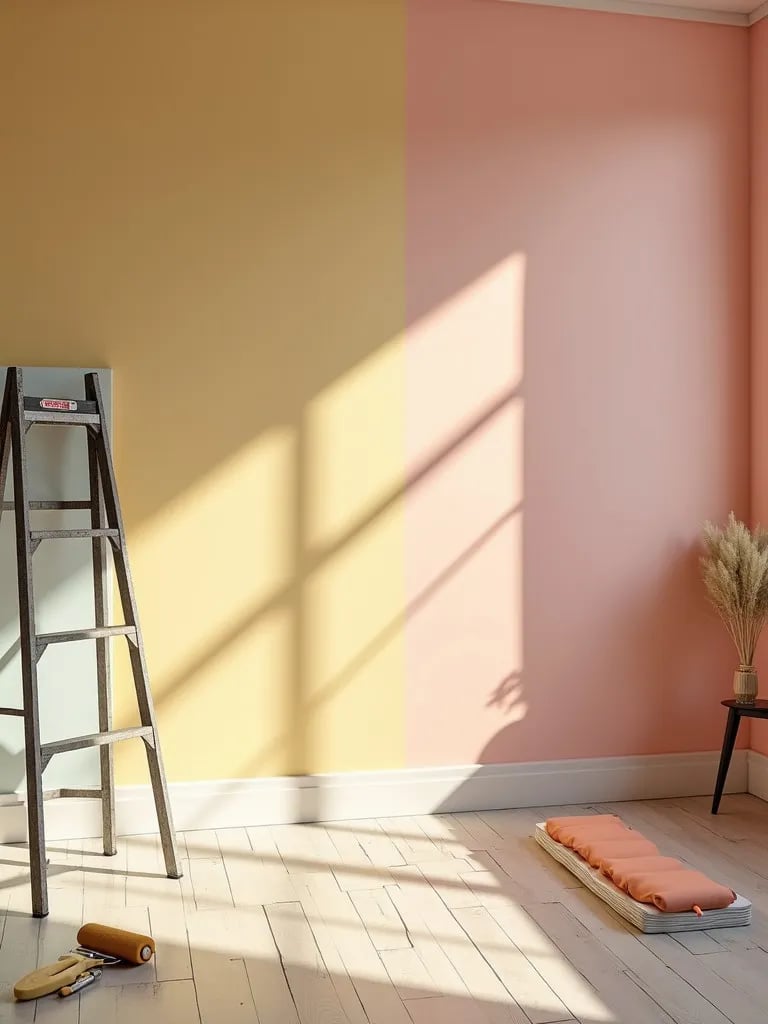 Bedroom with bold accent wall and painting equipment in foreground