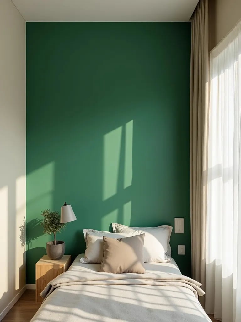 Bedroom with bold emerald green wall contrasting neutral walls