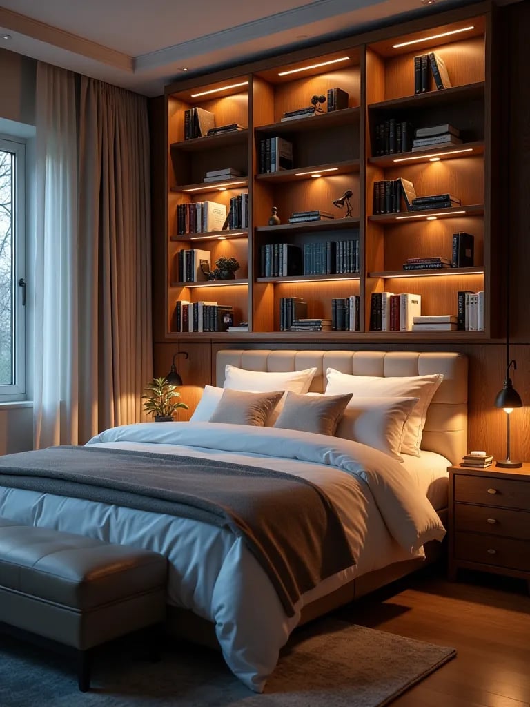 Bedroom with floor to ceiling bookshelf headboard and ambient lighting
