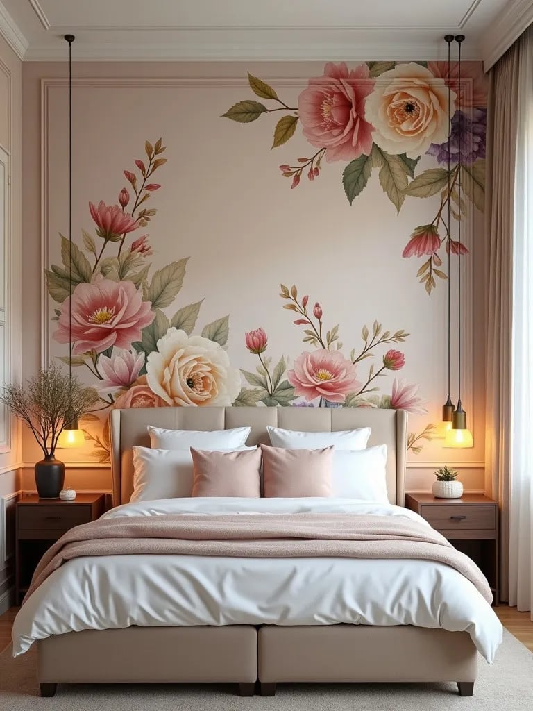 Bedroom with large floral wallpaper mural and soft lighting