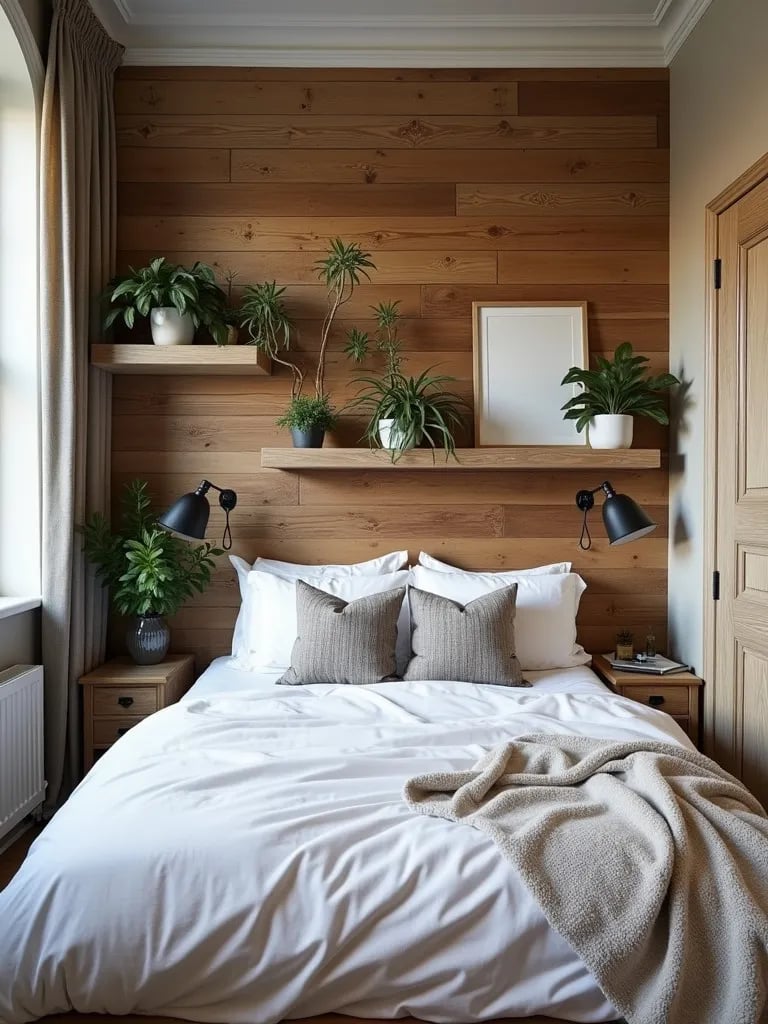Bedroom with reclaimed wood plank wall and floating shelves