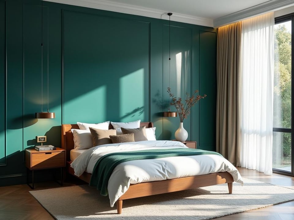Bedroom with striking high gloss jewel tone accent wall