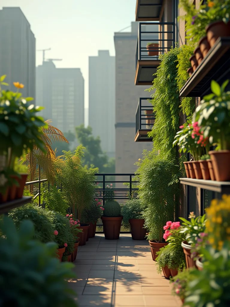 Before and after of balcony transformed with vertical container gardens and vegetables
