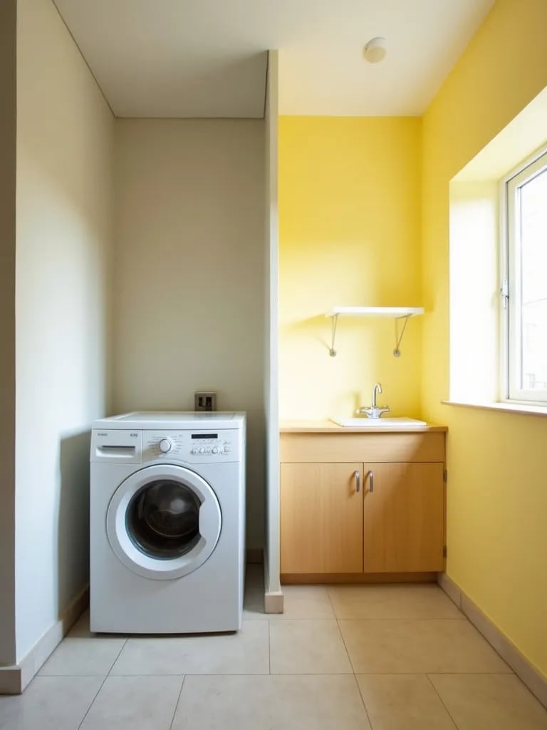 Before and after of laundry room with yellow walls makeover