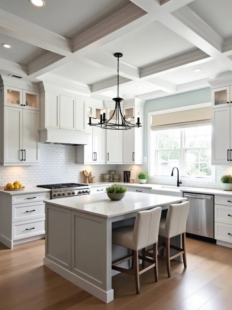 Bird’s eye view of white kitchen showcasing multiple lighting types