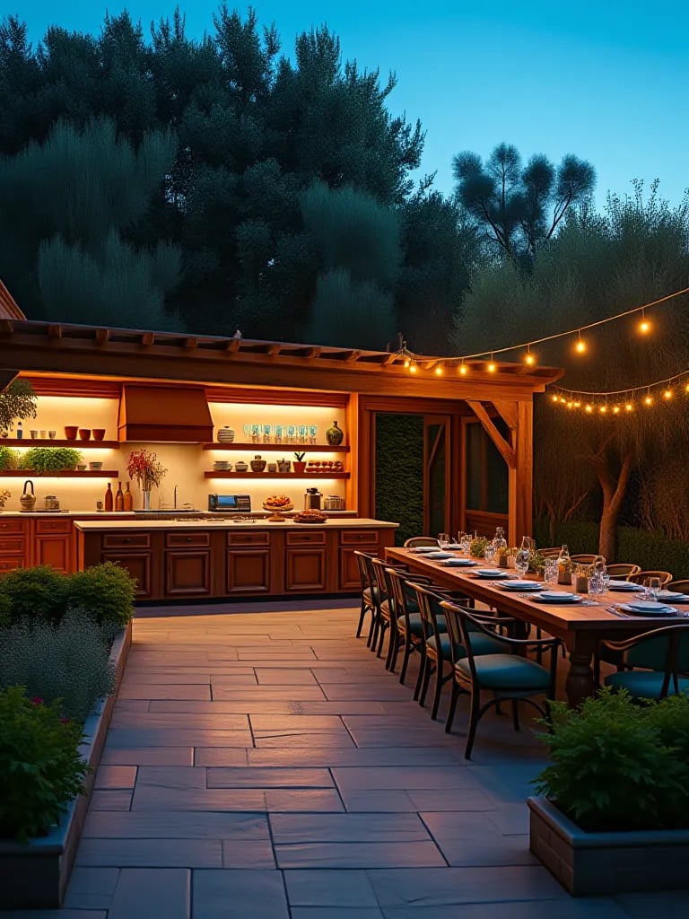Blue hour view of rustic kitchen flowing into patio with long dining table