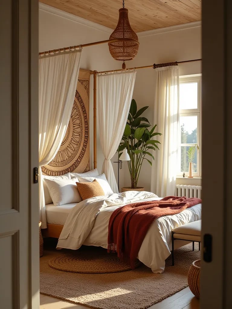 Bohemian bedroom with DIY bamboo canopy bed and woven accents