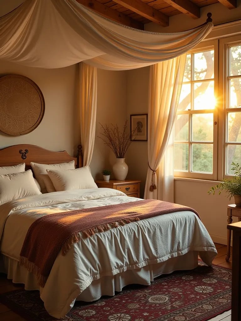 Bohemian bedroom with canopy bed and eclectic wooden furniture