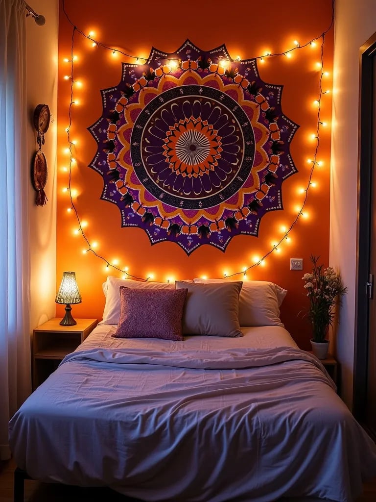 Bohemian bedroom with colorful mandala painted accent wall
