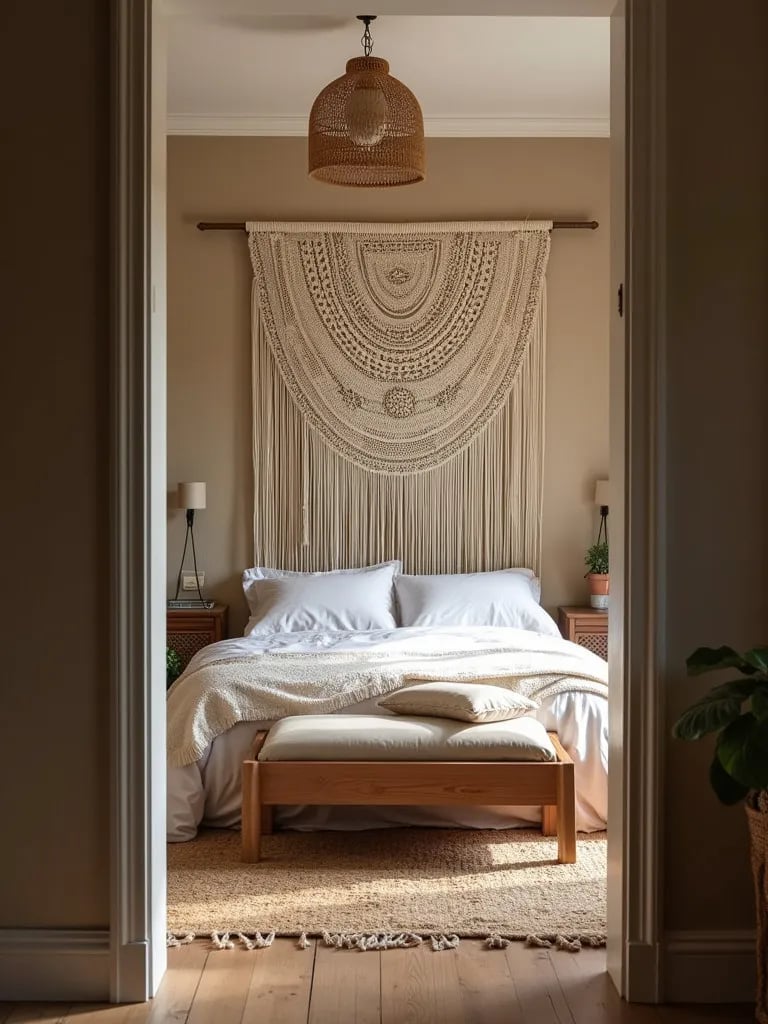 Bohemian bedroom with large macramé wall hanging and warm lighting