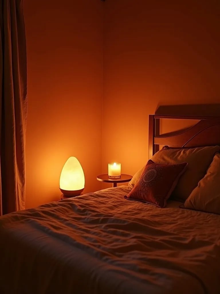Bohemian bedroom with terra cotta walls lit by candles and salt lamp