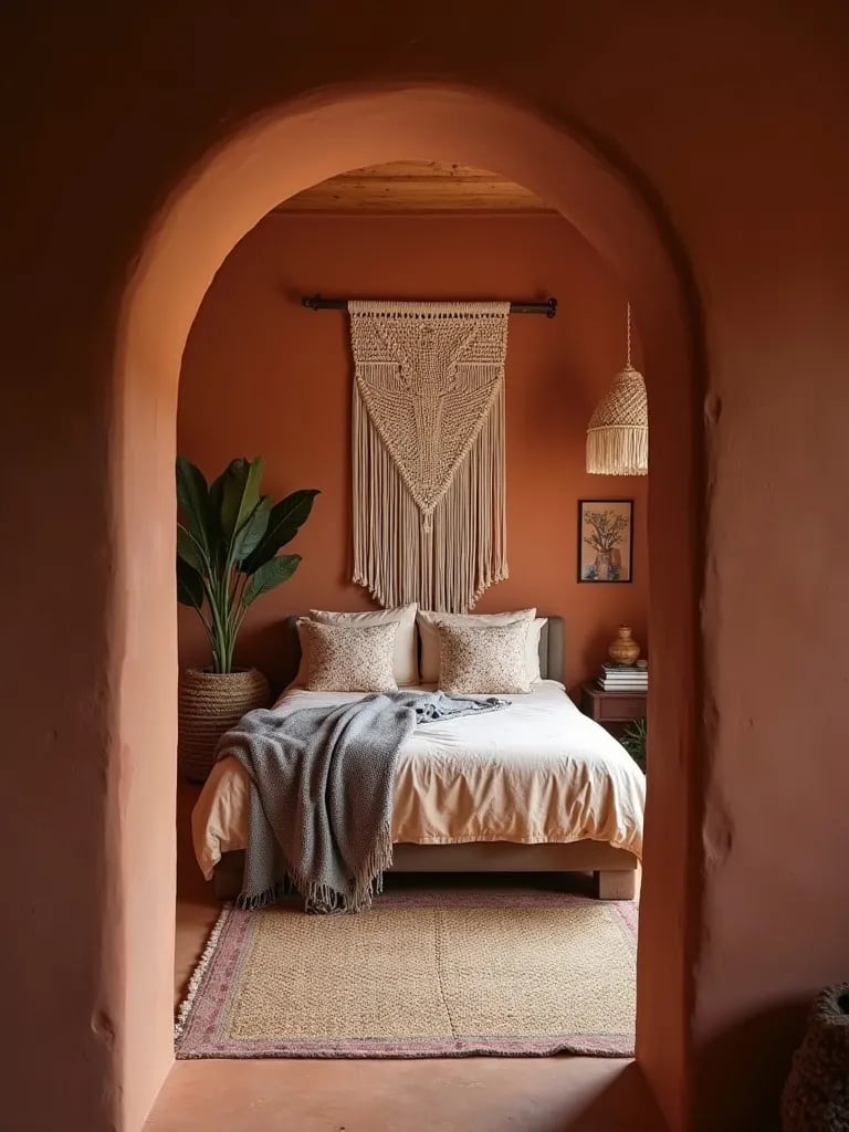 Bohemian bedroom with terracotta walls and eclectic decor