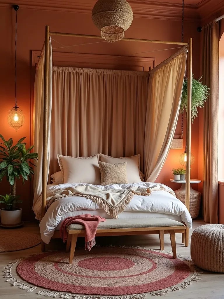 Bohemian bedroom with textured terracotta walls and eclectic decor