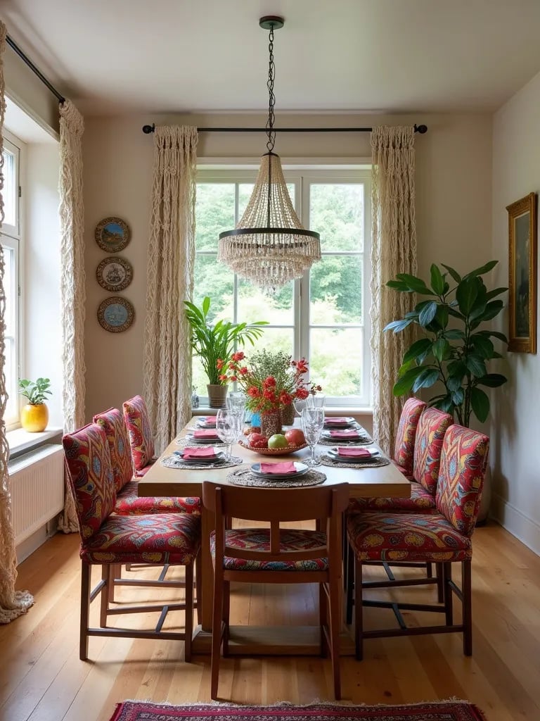 Bohemian dining room with light oak vinyl floors and colorful textiles