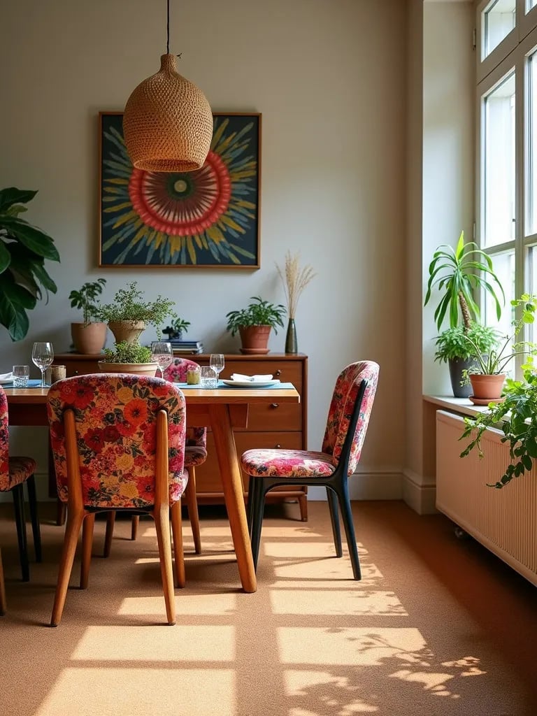 Bohemian dining room with warm, textured cork flooring