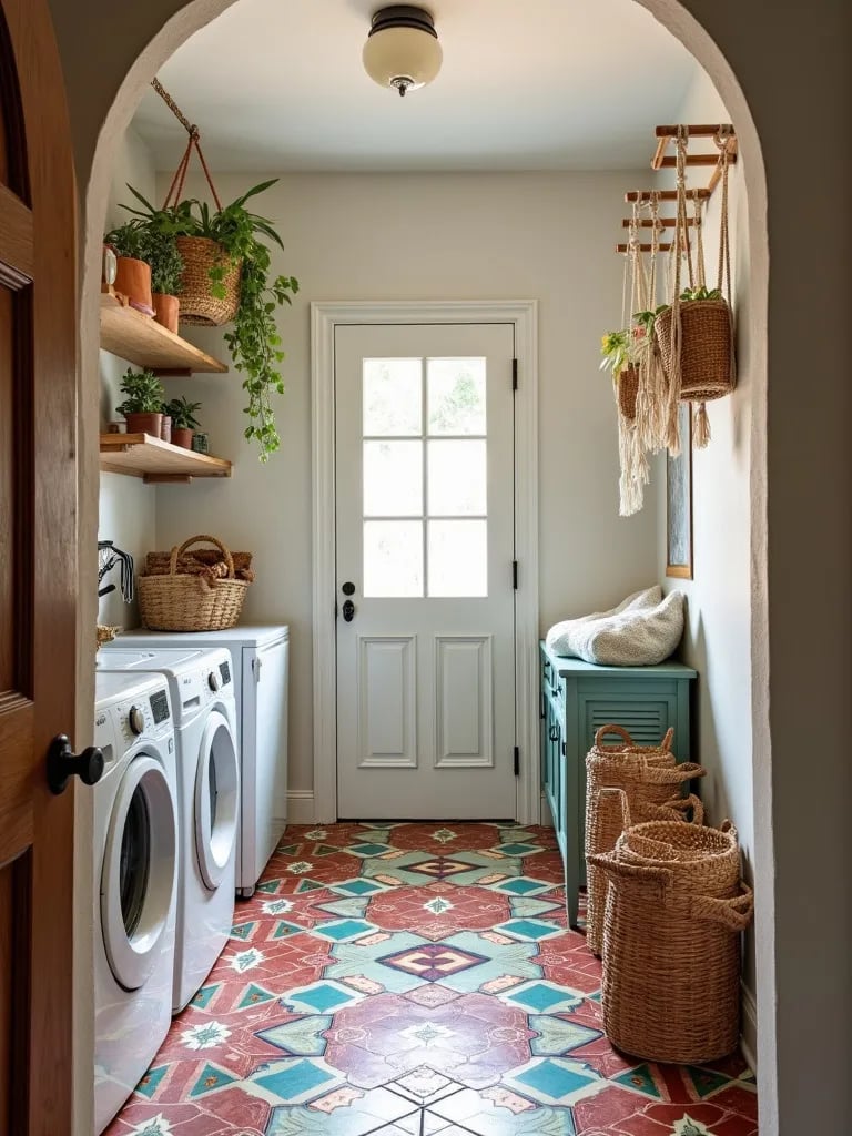 Bohemian laundry room with colorful Moroccan tile floor and macramé accents
