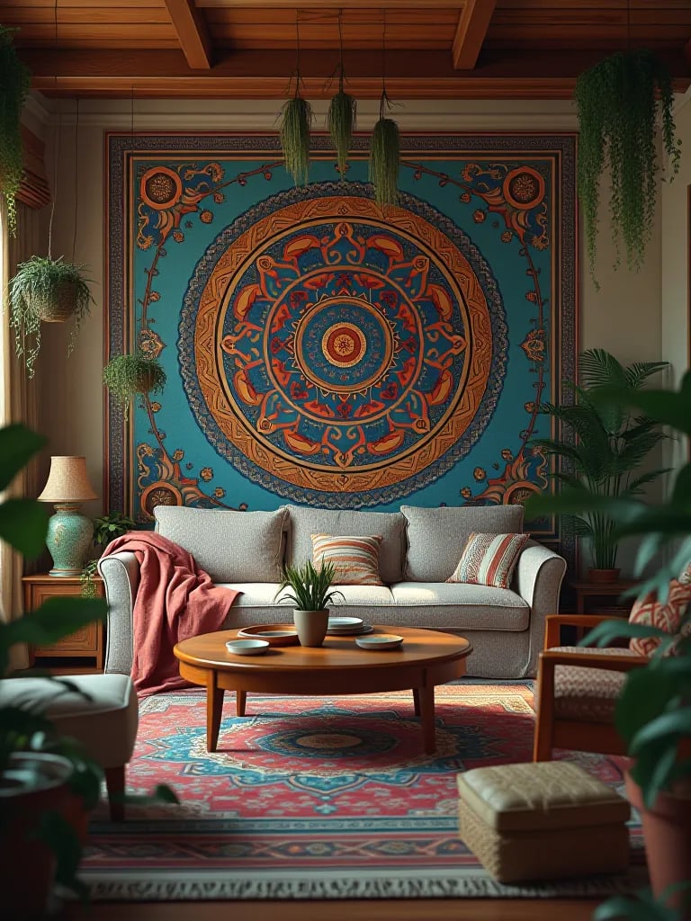 Bohemian living room with mandala wallpaper, plants, and eclectic furnishings