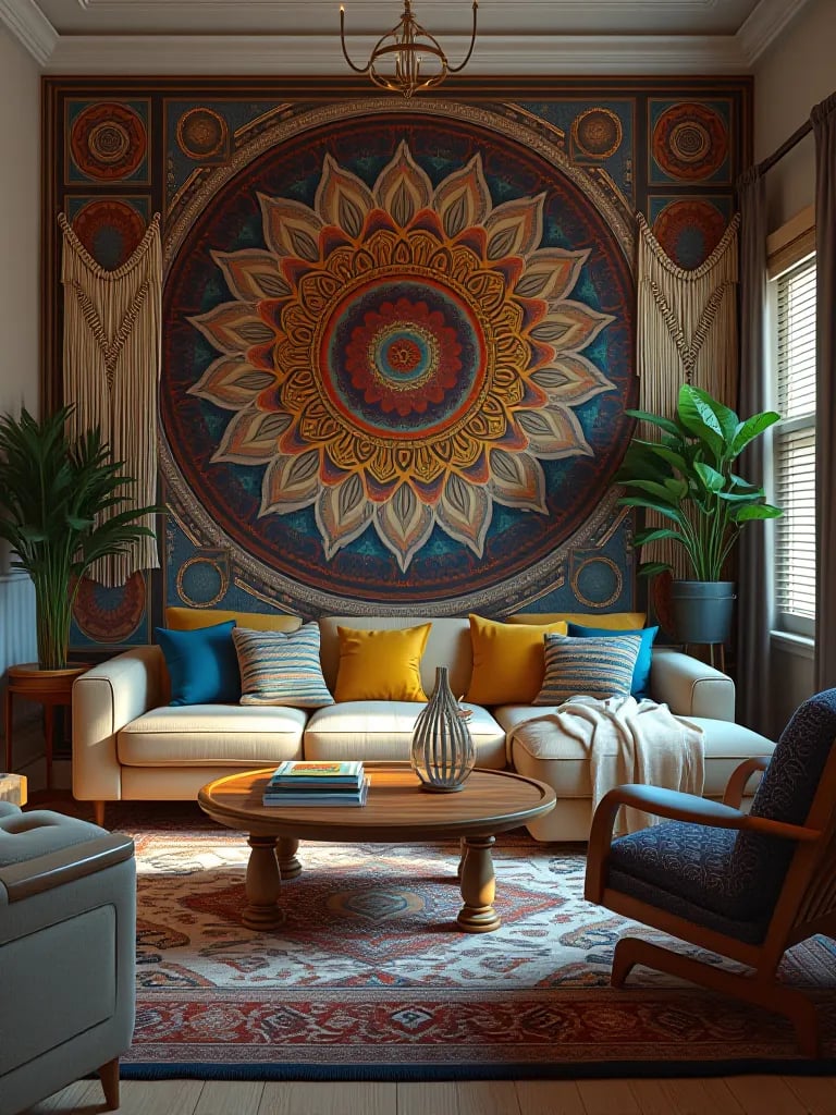Bohemian living room with vibrant mandala wallpaper and eclectic decor