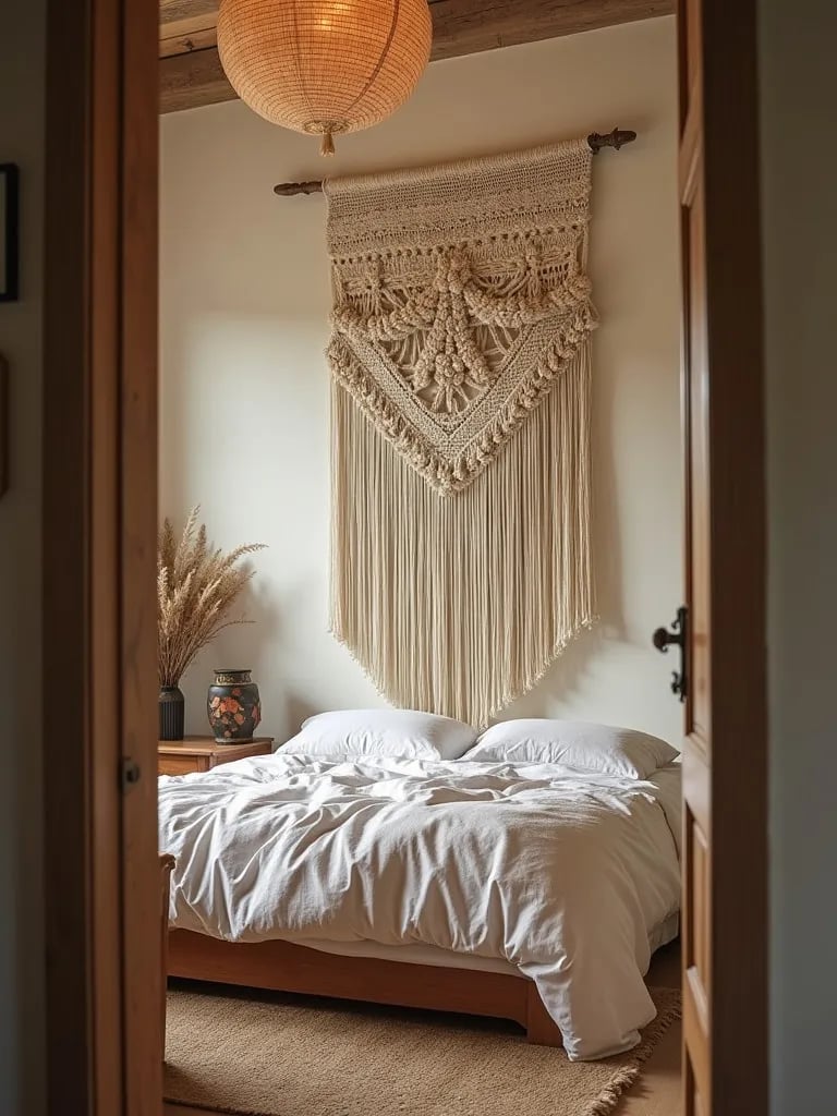 Boho inspired bedroom featuring dramatic macramé wall art