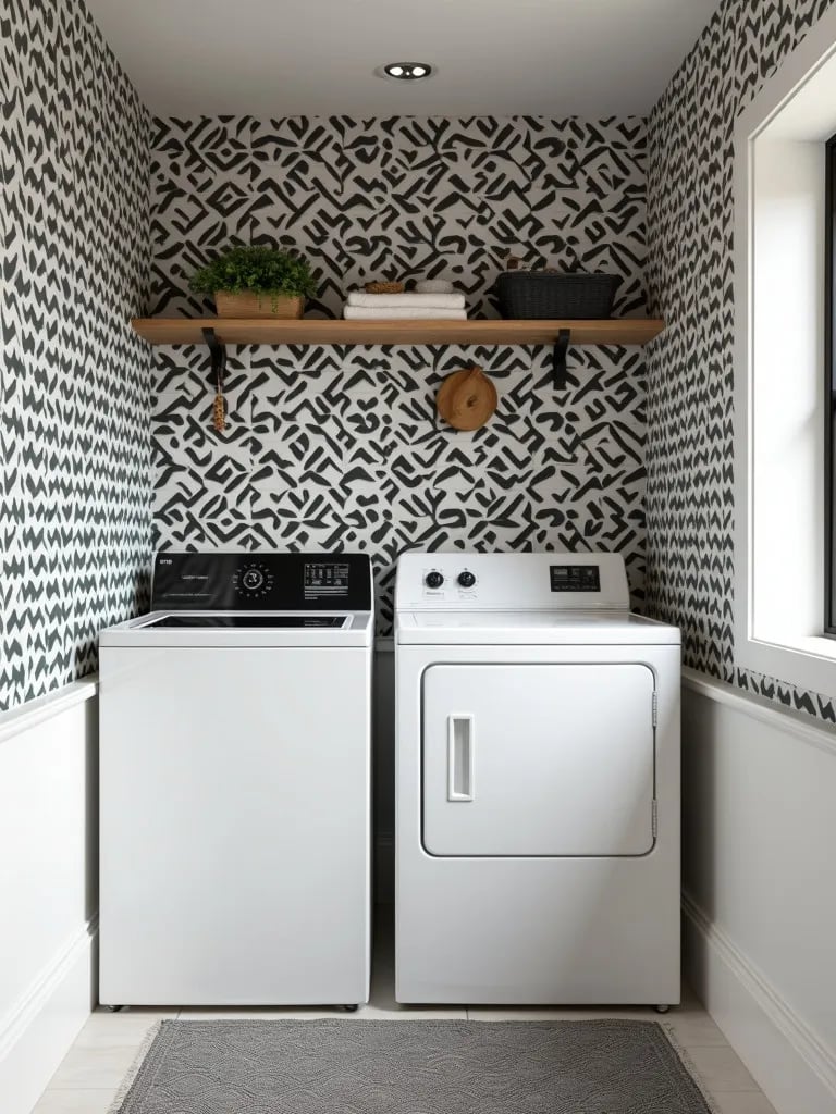 Bold laundry room featuring vibrant geometric wallpaper and black accents
