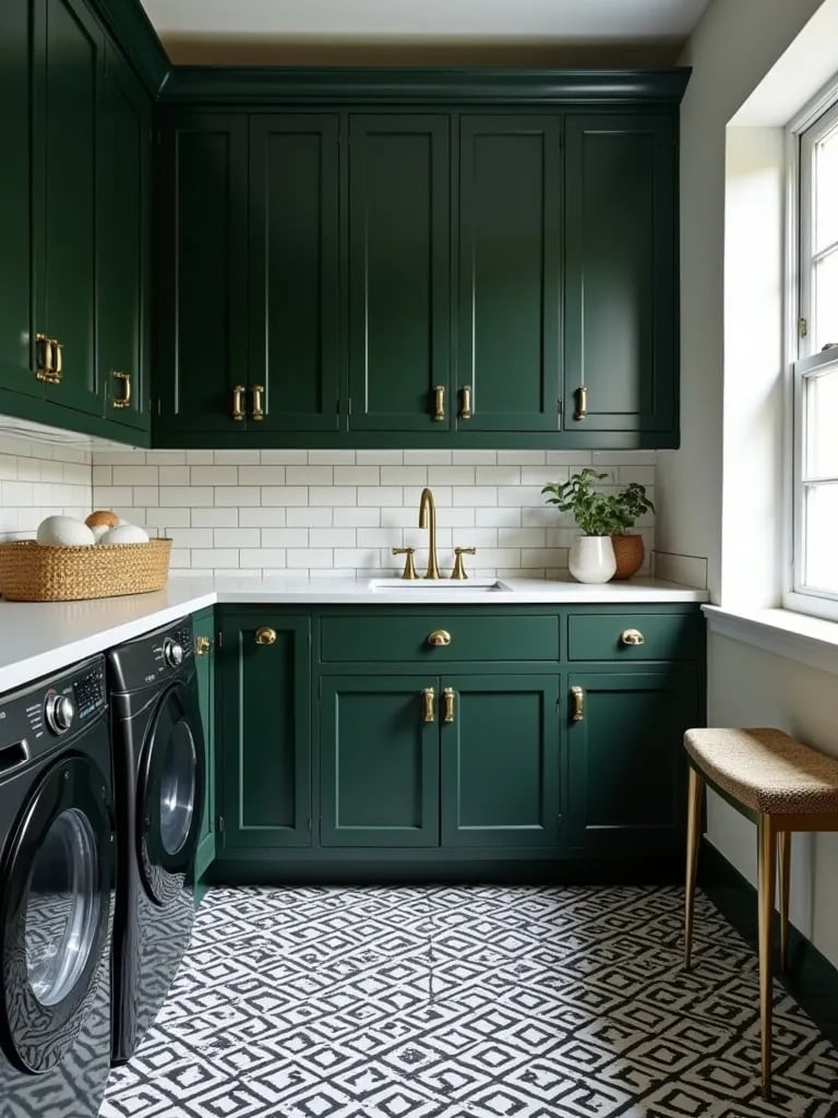 Bold laundry room with green cabinets, patterned tiles, and gold hardware