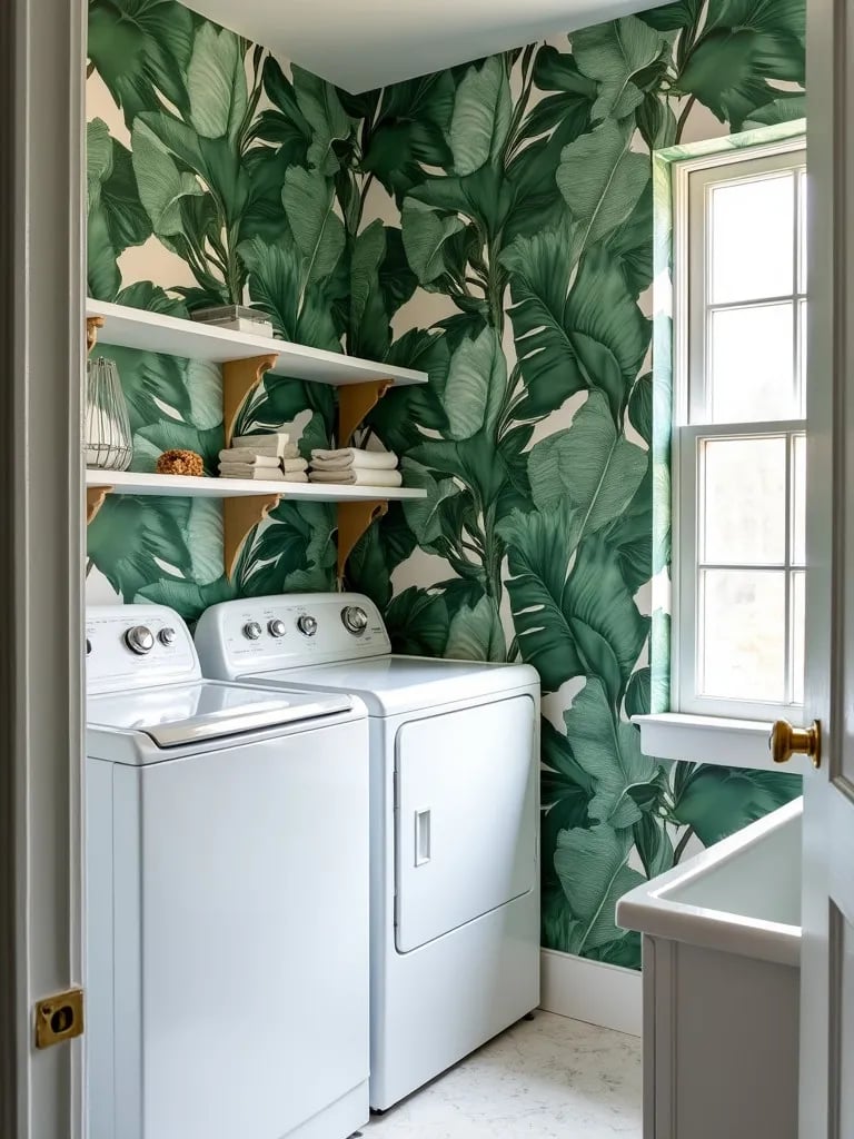Bold laundry room with large scale tropical leaf wallpaper and gold accents