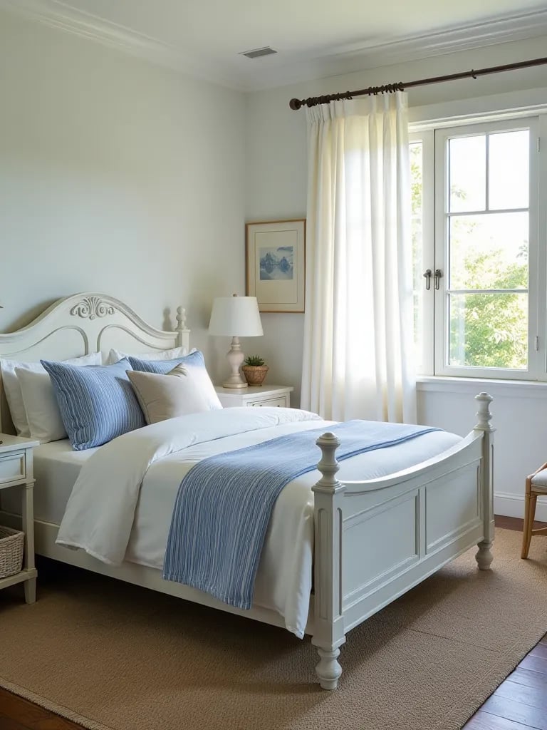 Breezy bedroom with coastal decor and wicker furniture