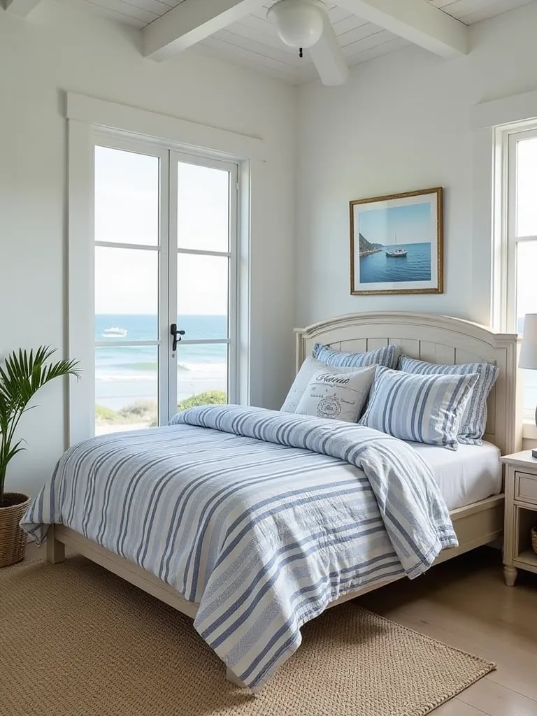 Breezy coastal bedroom with blue and white decor and rattan accents