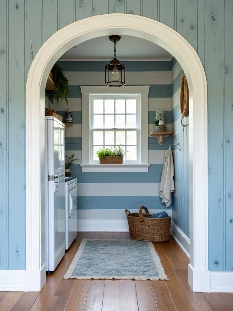 Breezy laundry area featuring blue and white wallpaper and weathered wood elements