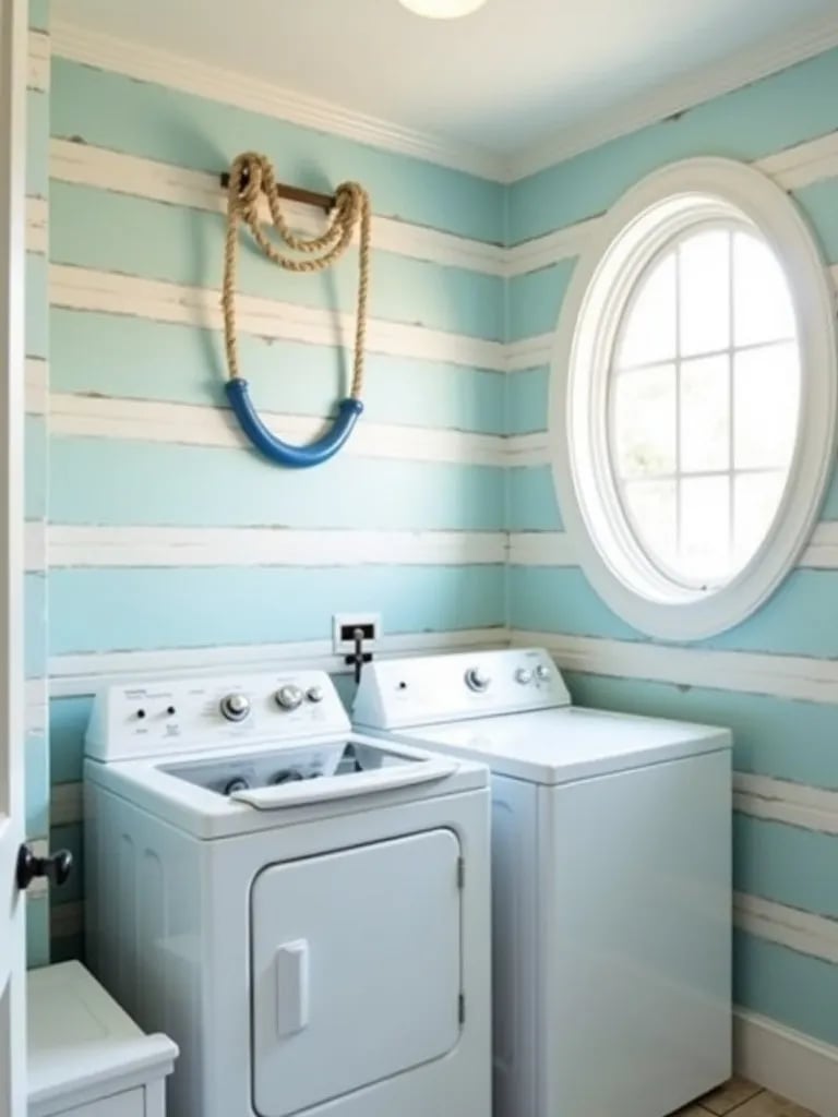 Breezy laundry space featuring blue and white striped wallpaper and rope accents