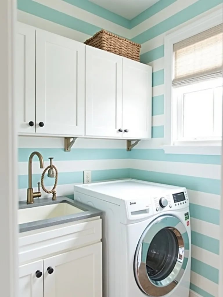 Breezy laundry space featuring soft blue striped wallpaper and white cabinets