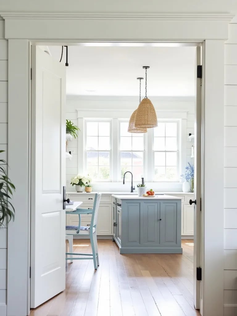 Breezy white coastal kitchen with rattan lights and nautical touches