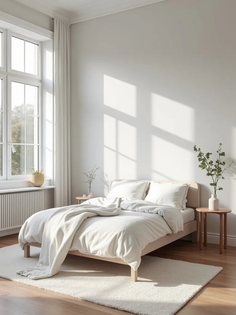 Bright Scandinavian bedroom with light gray walls and wooden accents
