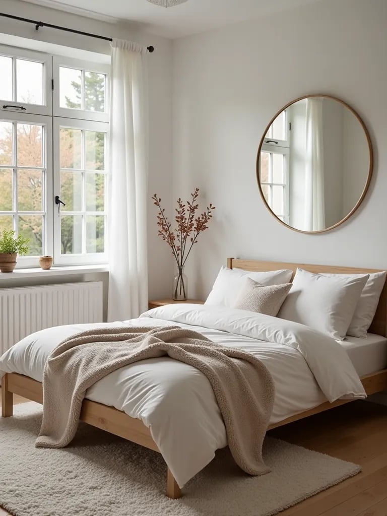 Bright Scandinavian bedroom with light wood furniture and large mirror
