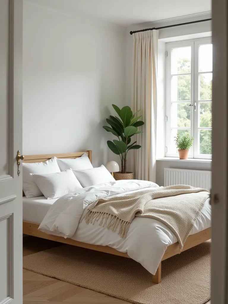 Bright Scandinavian bedroom with wooden bed and plants