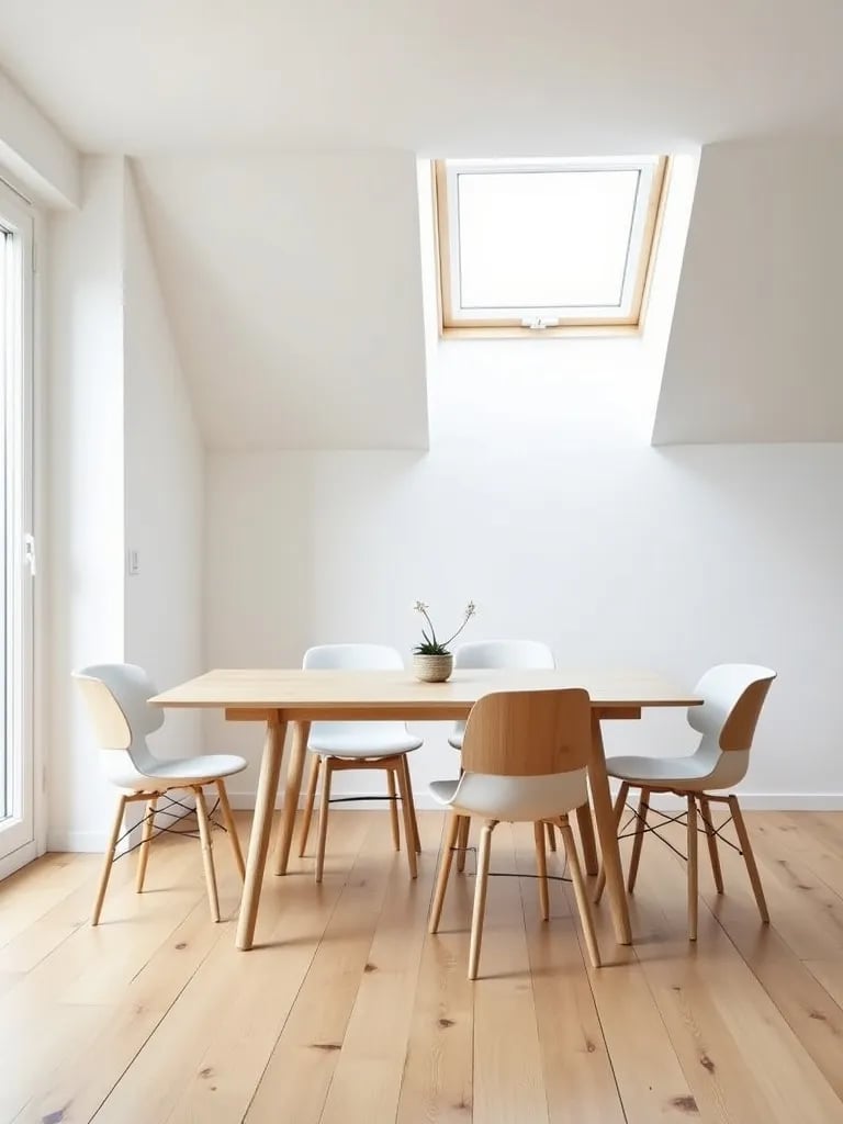 Bright Scandinavian dining room with honey toned vinyl floors and skylights