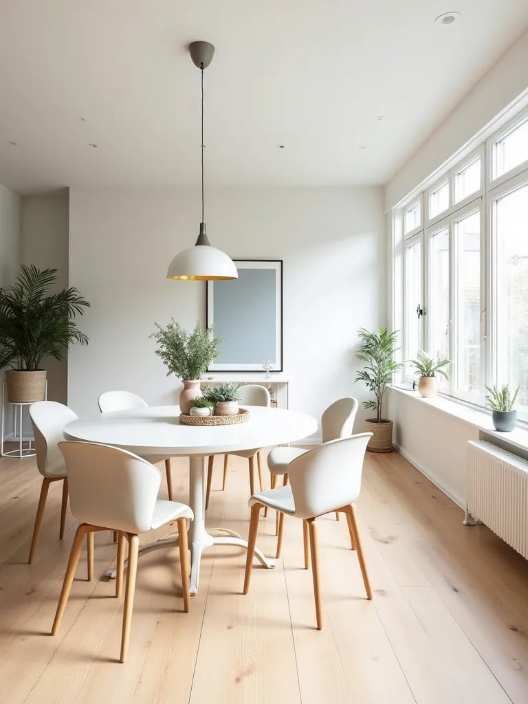 Bright Scandinavian dining room with wide light oak plank flooring